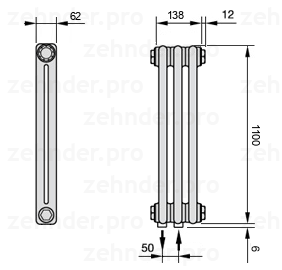 Схема (чертеж) Радиатор Zehnder Charleston 2110/3 №5410 Белый глянцевый RAL 9016
